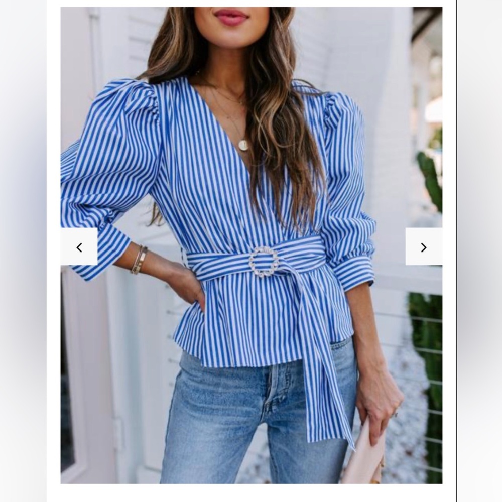 Tea & Cup Blue and White Striped Wrap Belted V-Neck Puff Sleeve Top S